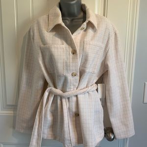 Liz Claiborne Pale Peach Plaid Belted Blouse.